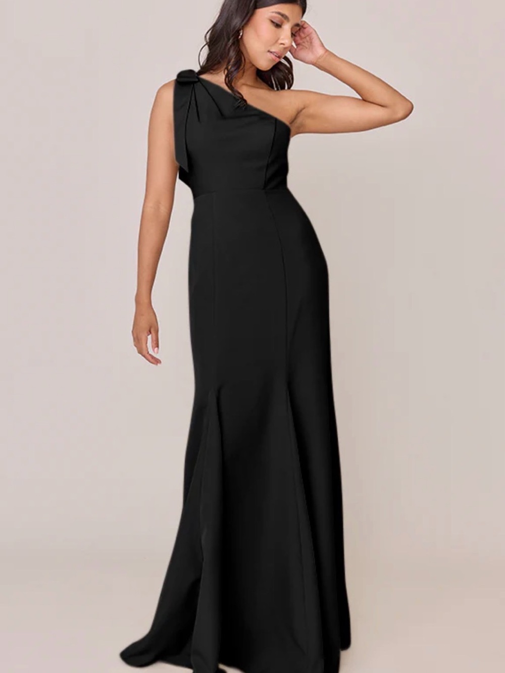 Revelry One-Shoulder Black Evening Gown with Shoulder Bow
